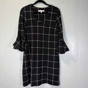 Jude‎ Connally Black and White Plaid Dress Bell Sleeves Sz Large
